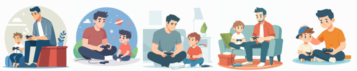 Illustrated Father and Son Playing Game Console Leisure Time Activities Set © Mariposa1818