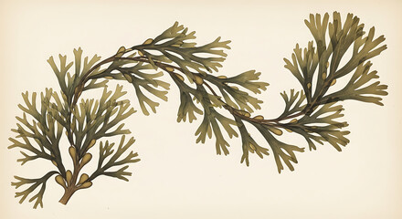 Vintage botanical illustration of bladderwrack seaweed, a detailed scientific drawing on aged paper
