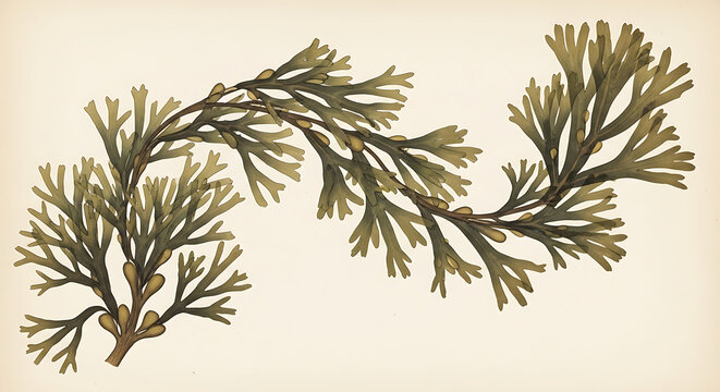 Vintage botanical illustration of bladderwrack seaweed, a detailed scientific drawing on aged paper