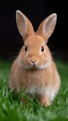 Fototapeta premium A cute little bunny is standing in a green field