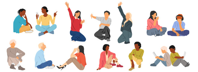 Men, woman, teenagers and children sitting, group silhouettes of students, with smart phone, different colors, cartoon character, flat icon design concept isolated on white background