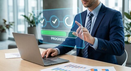 Businessman Tracking Project Progress on Futuristic Holographic Interface for Digital Transformation and Business Success