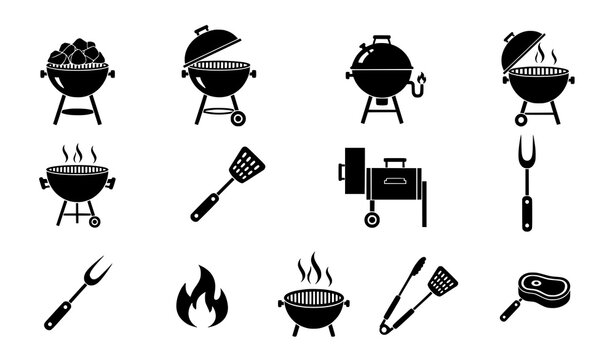 Black and white barbecue and grill vector icon set for cooking and outdoor grilling