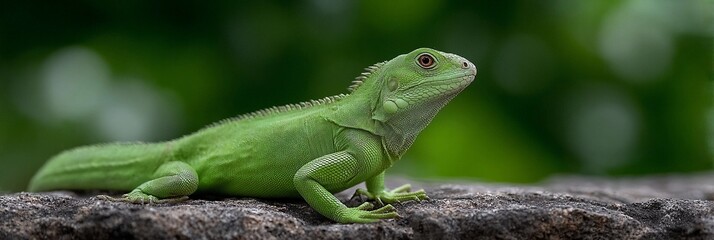Fototapeta premium A green lizard is standing on a rock