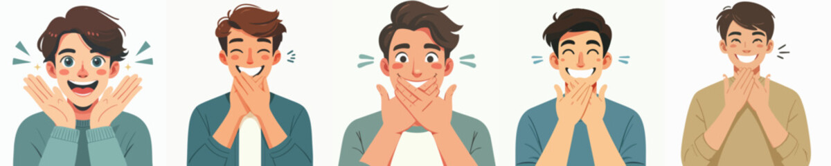 Flat Illustration Young Adult Man Facial Expression and Gesture Set Design