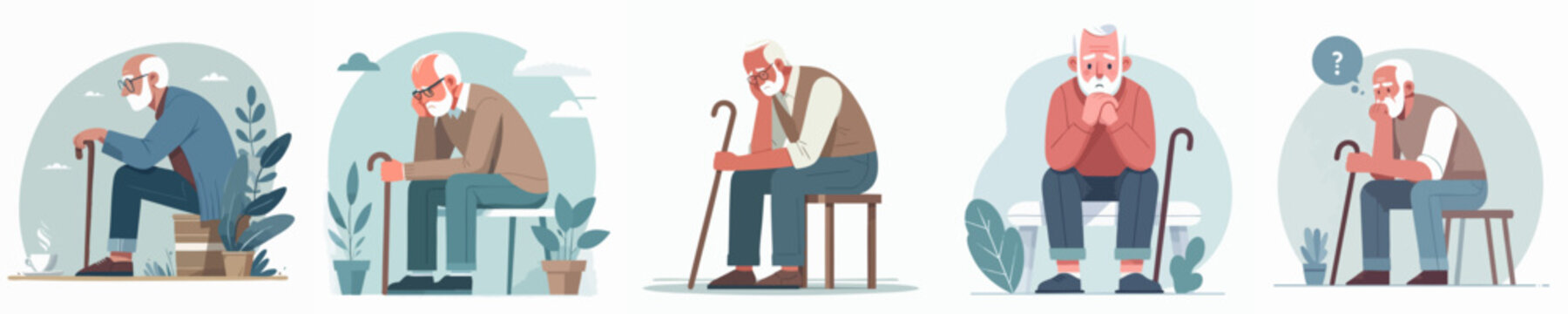 Flat Style Solitude Depressed Senior Illustration of Sad Elderly People