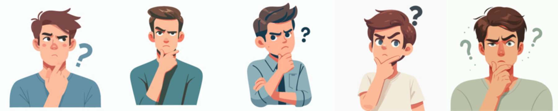 Flat Illustration of Several Thoughtful Young Man with Question Mark Character