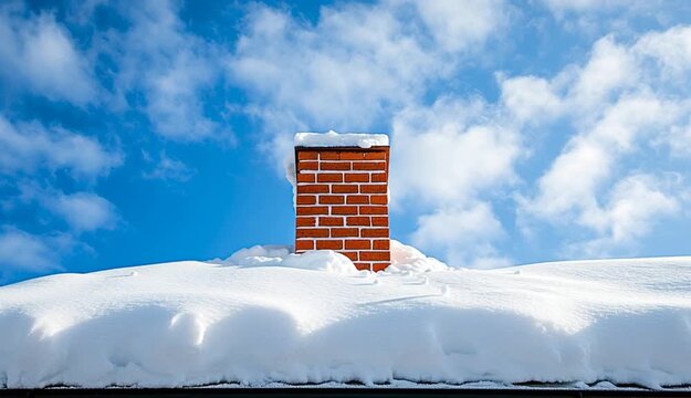 Snow-covered house roof with red brick chimney, thick white snow layer on rooftop with dramatic sculpted edge, snow cap on top of brick chimney, dark roof shingles visible at edge