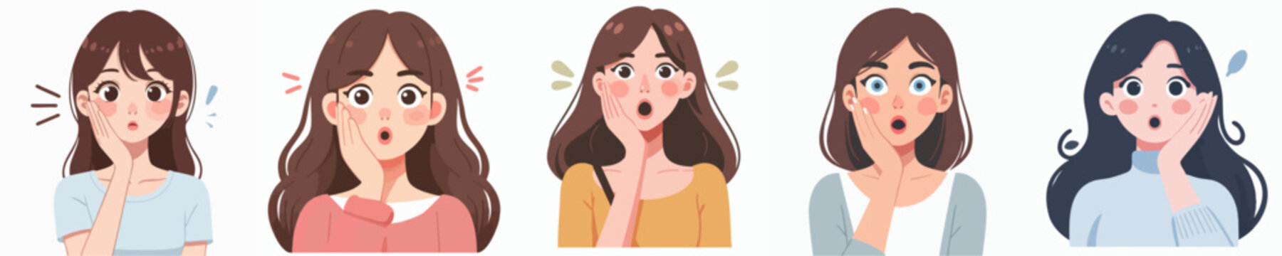 Cartoon Style Portraits of Young Girl Showing Surprise Facial Expression Set