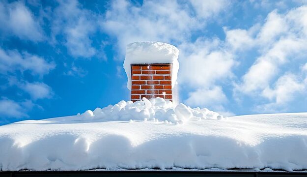 Snow-covered house roof with red brick chimney, thick white snow layer on rooftop with dramatic sculpted edge, snow cap on top of brick chimney, dark roof shingles visible at edge
