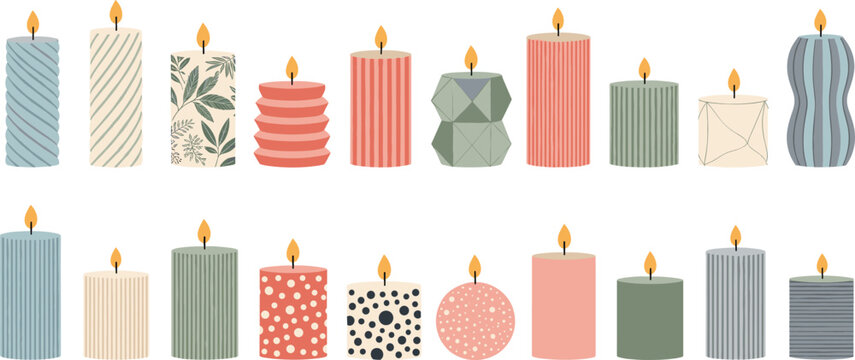 Set of decorative candles vector illustration, colorful scented candle collection for cozy home decor and celebration design