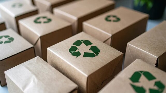 Collection of cardboard boxes with recycling symbols. Focus on sustainability and eco-friendliness