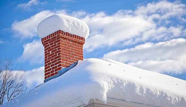 Snow-covered house roof with red brick chimney, thick white snow layer on rooftop with dramatic sculpted edge, snow cap on top of brick chimney, 
dark roof shingles visible at edge