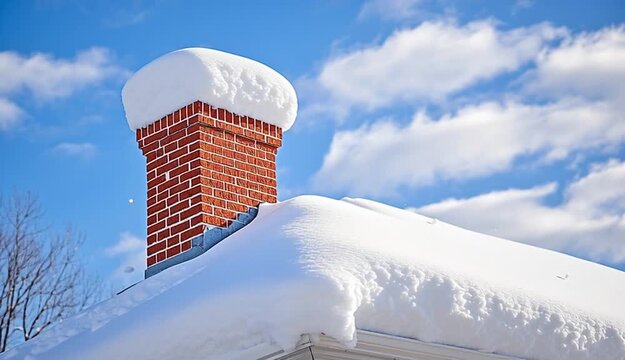 Snow-covered house roof with red brick chimney, thick white snow layer on rooftop with dramatic sculpted edge, snow cap on top of brick chimney, 
dark roof shingles visible at edge