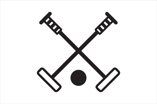 A simple black and white icon of crossed croquet mallets and a ball