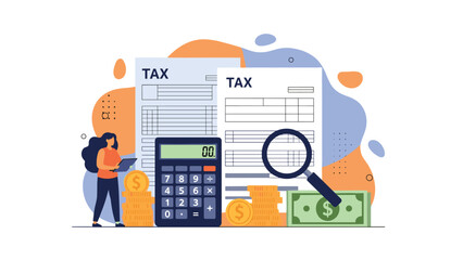 Professional accountant analyzes tax documents using a calculator and magnifying glass to manage financial records and business expenses.
