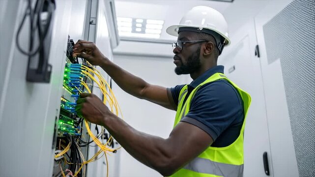 Technician working on a network server in a data center wearing a helmet and safety vest