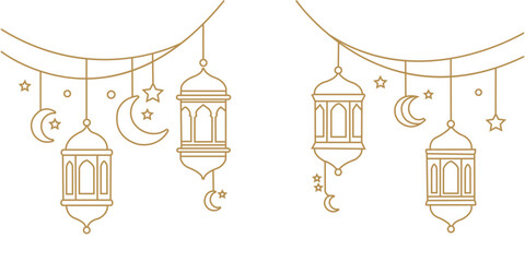Elegant ramadan lantern stars, and rescent, moon, islamic, border, holy, month, golden horizontal, line vector arabic traditional muslim for greeting card, poster illustration. © trendystore 