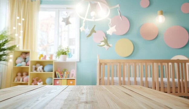 Empty wooden table surface in foreground, baby nursery room background with wooden crib, light blue wall with pastel circular decorations, pink 
accent wall, wooden furniture, shelves with toys