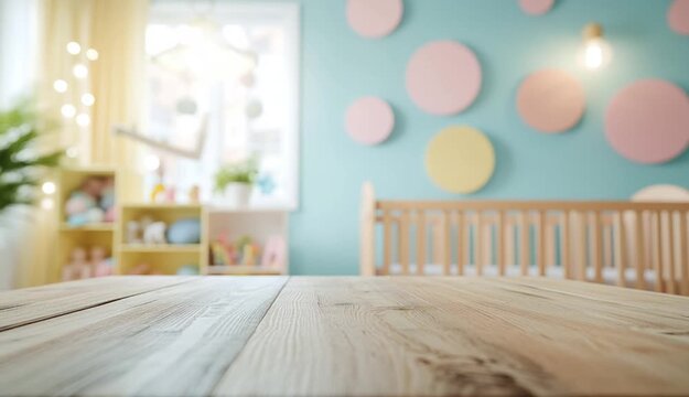 Empty wooden table surface in foreground, baby nursery room background with wooden crib, light blue wall with pastel circular decorations, pink 
accent wall, wooden furniture, shelves with toys