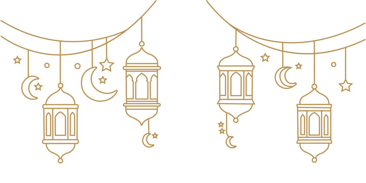 Elegant ramadan lantern stars, and rescent, moon, islamic, border, holy, month, golden horizontal, line vector arabic traditional muslim for greeting card, poster illustration.