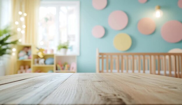 Empty wooden table surface in foreground, baby nursery room background with wooden crib, light blue wall with pastel circular decorations, pink 
accent wall, wooden furniture, shelves with toys