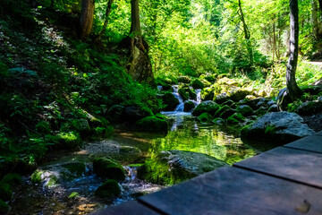 Obraz premium Hiking on the Lofer Waterfall Trail near Lofer, Austria. Hiking trails and waterfalls.