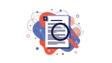 Naklejka premium Important document is examined through a large magnifying glass against a background of abstract colorful shapes and lines.