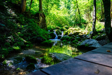 Obraz premium Hiking on the Lofer Waterfall Trail near Lofer, Austria. Hiking trails and waterfalls.