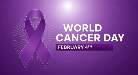 Fototapeta premium World Cancer Day graphic featuring a prominent purple ribbon and the date February 4th, set against a soft purple gradient.