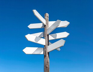 Signpost's Direction: A signpost stands tall against a clear, azure sky, its multiple directional arrows pointing towards various paths. This symbol embodies choice, opportunity, and decision-making.