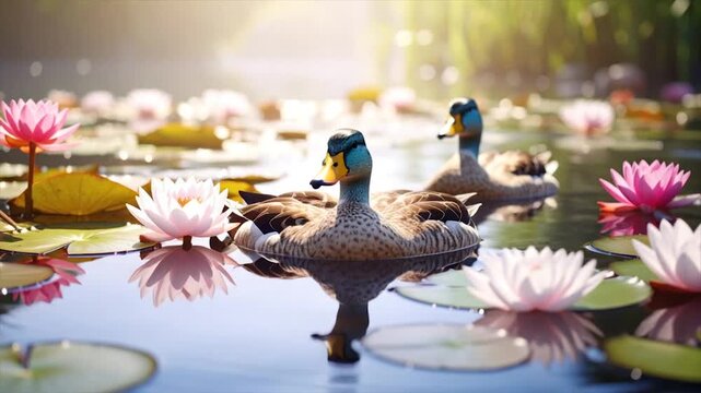 Serene pond scene with two ducks amidst lily pads and colorful water lilies in bloom