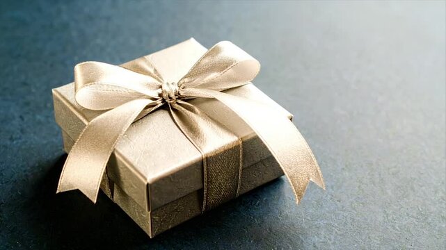A square gift box with a satin bow is placed on a textured, dark, blue/gray surface
