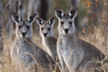 Fototapeta premium Three kangaroo standing in dry grass with focused expressions in natural woodland environment