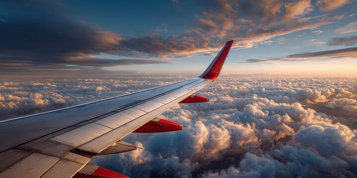 Stunning view from an airplane window during golden hour, showcasing the plane's wing above a sea of fluffy clouds bathed in warm sunlight.