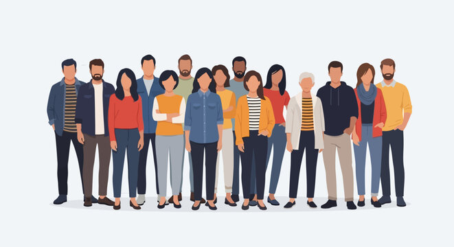 A diverse group of young adults standing together in a line, looking forward, in a vector illustration