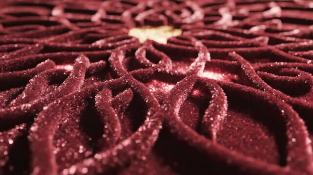Close-up of a textured burgundy velvet fabric with a raised floral pattern and subtle glitter.