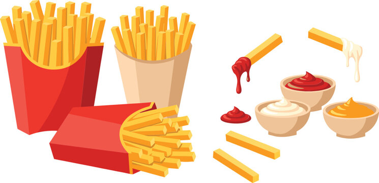 Set of French fries with sauces vector illustration, fast food snack potatoes and ketchup mayonnaise dips collection for design