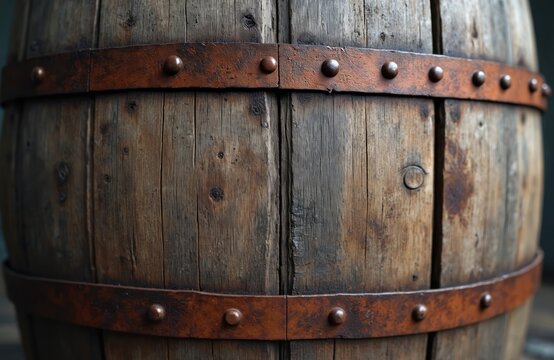 Weathered wood barrel close up with metal hoops. Rustic texture shows grain detail. Aged container looks old sturdy. Perfect background for wine spirits storage history.