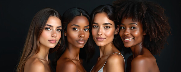 Fototapeta premium Four women of different ethnicities pose together in a studio with a black background. Their faces show natural beauty and diversity. They look confident and happy.