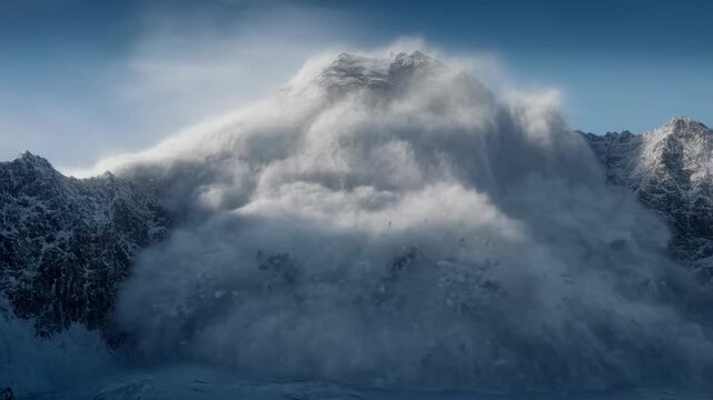 Majestic snow-covered mountain peak triggering a powerful avalanche with snow dust cloud cascading down slopes in natural daylight