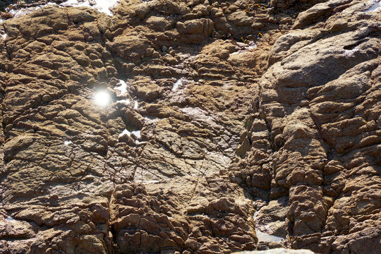Sunlight reflects off wet rocks on a rugged coastline, highlighting the texture and natural beauty of the scene.