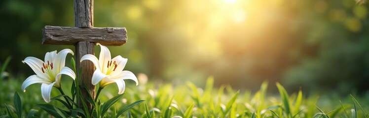 Fototapeta premium Wooden cross with white lilies in a lush green garden at sunrise. Sunlight streams through trees, illuminating fresh grass and delicate flowers. Represents faith hope and new beginnings.