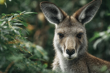 Fototapeta premium Kangaroo close up portrait in natural green environment with soft focus background showing detailed fur and attentive eyes in calm and relaxed mood