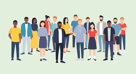 Diverse group of people standing together in a flat illustration style, showcasing various cultures and ages © Chimoetya_images