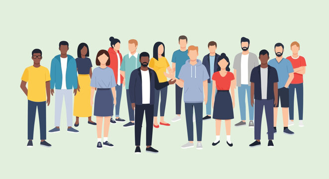 Diverse group of people standing together in a flat illustration style, showcasing various cultures and ages