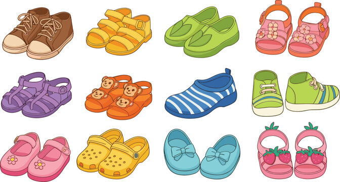 Collection of colorful children shoes and sandals vector set, cute baby footwear icons for kids fashion design