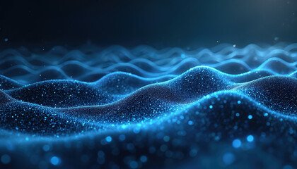Blue abstract background of glowing particles forming waves. Digital network data stream, futuristic cyberspace communication flow. Technology science concept.