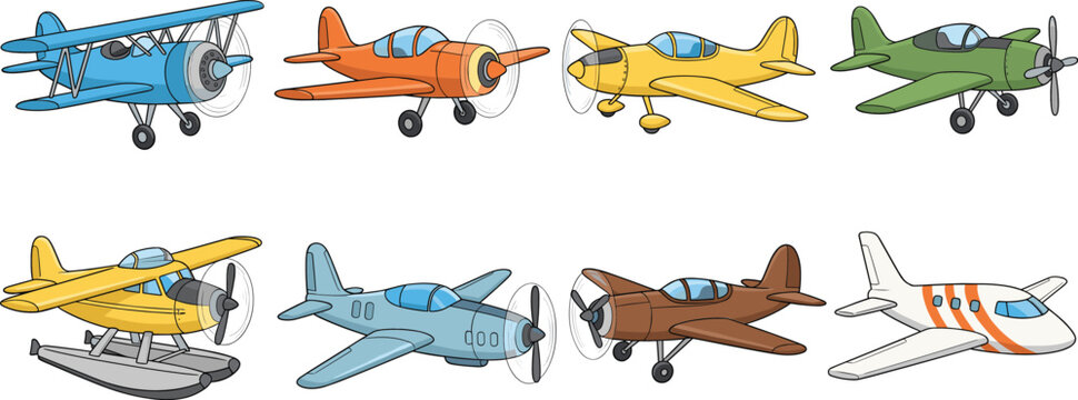 Collection of colorful vintage propeller airplanes vector illustration, retro aircraft set for aviation and travel themed design