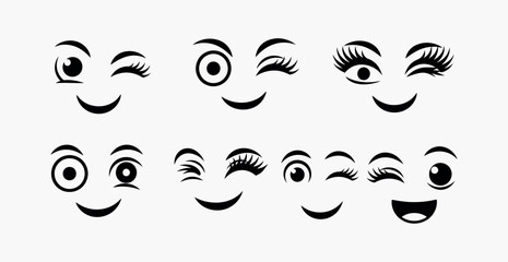 Collection of cartoon eyes and eyebrows with smiling mouths